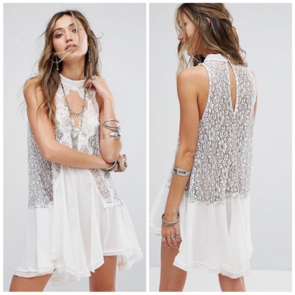 Free People New Tell Tale Lace Tunic XS White Black